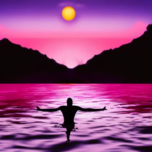 Image similar to purple sunset limbo with a real black silhouette of a demonic walking on water, the sky falls to the ground, high detail