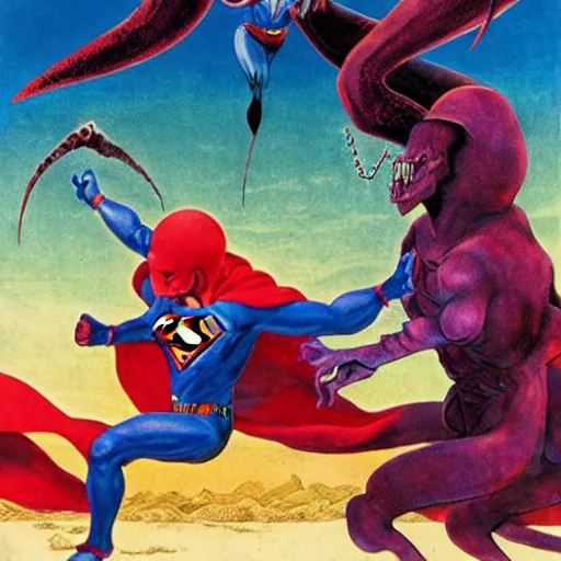 Image similar to squid monsters fighting superman, by Wayne Barlowe