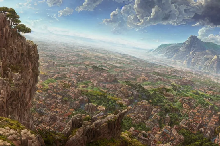 Image similar to an ultra detailed matte landscape painting of an extremely tall and strong young man with short brown hair standing on a cliff overlooking a medieval capital built on top of many hills, italian renaissance architecture, epic anime fantasy, 8 k, volumetric lighting, smooth, highly detailed, digital illustration, art by kentaro miura and akira toriyama and artgerm