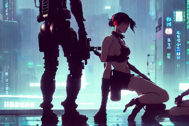 Image similar to hyper - realistic cinematic shot of cyberpunk romantic couple, extreme detail, in style of pan ren wei, yoji shinkawa, atey ghailan, ilya kuvshinov, by greg rutkowski, by greg tocchini, by james gilleard, by joe fenton, by kaethe butcher, grunge aesthetic