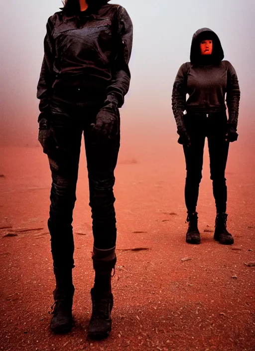 Image similar to cinestill 5 0 d photographic portrait of two loving female androids wearing rugged black techwear on a desolate plain with a red sky, extreme closeup, lizard on ground, cyberpunk style, in front of a brutalist dark metal facility, dust storm, 3 5 mm, hd, high resolution, 8 k, f / 3 2, ultra realistic faces