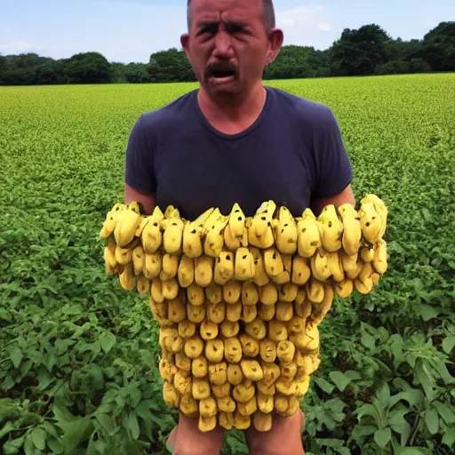 Image similar to scared man made out of bananas in a field of monkeys