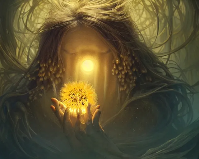 Prompt: 4 k cinematic still portrait of a human figure dandelion monster in a dark liminal space room, amber glow, deep focus, d & d, fantasy, intricate, elegant, highly detailed, digital art, art station, concept art, matte, sharp focus, illustration, dark fantasy art, hearthstone, art by artgerm and greg rutkowski and alphonse mucha