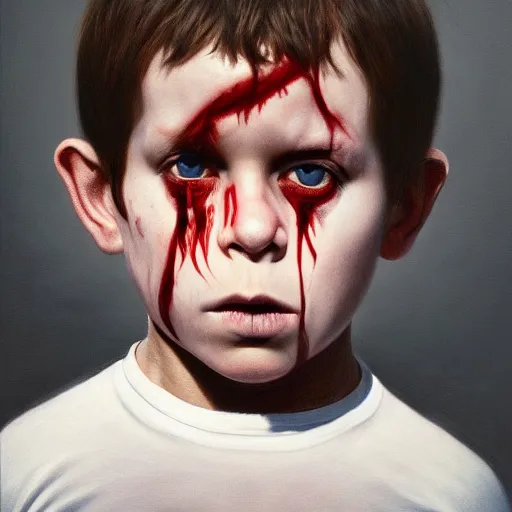 Image similar to high quality high detail painting by gottfried helnwein and juan francisco casas, hd, portrait of a dangerous psychopath, intense demonic look in the eyes, photorealistic lighting