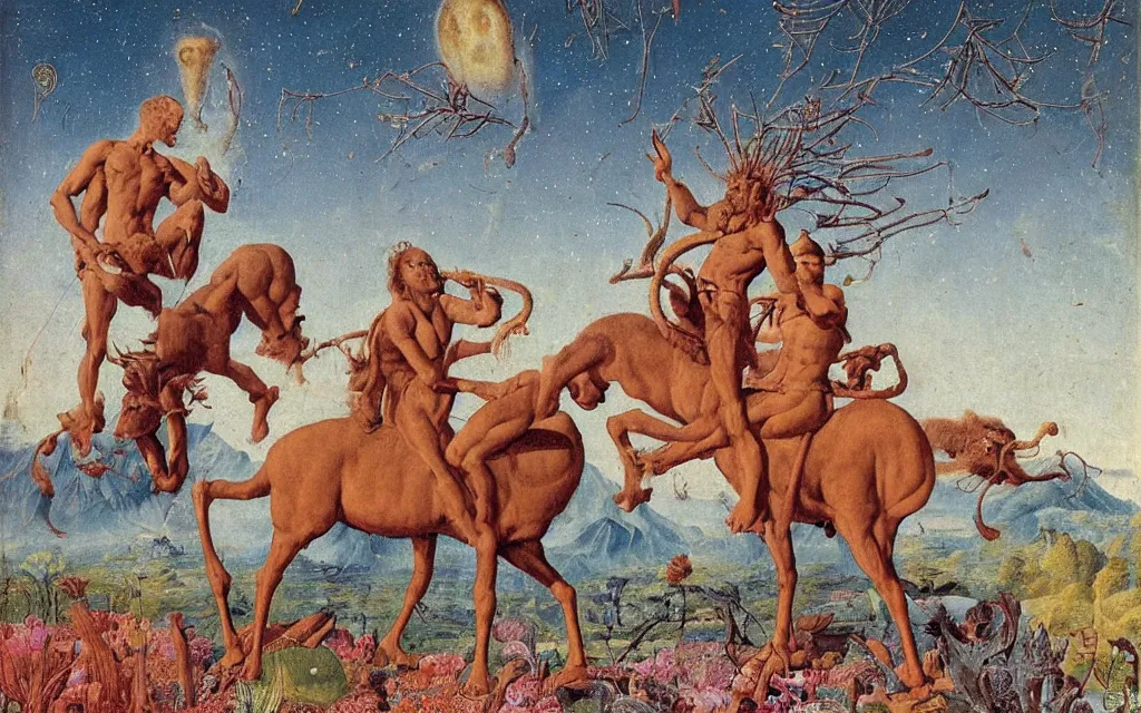 Image similar to a portrait photograph of a meditating satyr and a centaur monk riding a rocket machine and hunting at a river delta. surrounded by bulbous flowers and trees. mountain range under a blue sky of fiery stars. by jan van eyck, max ernst, ernst haeckel, ernst fuchs and artgerm, cgsociety, fashion editorial, 8 k