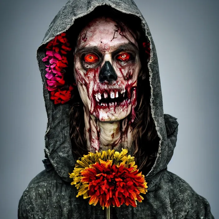 Image similar to closeup portrait of a undead zombie wearing a hooded cloak made of zinnias and rainbows, in an empty field, by Annie Leibovitz and Steve McCurry, natural light, detailed face, CANON Eos C300, ƒ1.8, 35mm, 8K, medium-format print