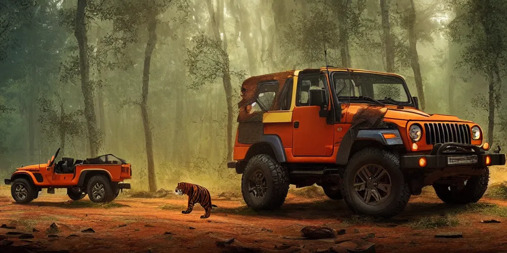 Prompt: Mahindra thar, in kerala forest, tigers and lions chasing, action scene, an epic fantasy, dramatic lighting, cinematic, establishing shot, extremely high detail, photorealistic, cinematic lighting, matte painting, artstation, by simon stalenhag, horizon forbideen west