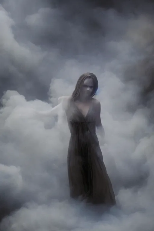 Prompt: 4k Detailed portrait by Gregory Crewdson of A woman shrouded in a cloud of smoke