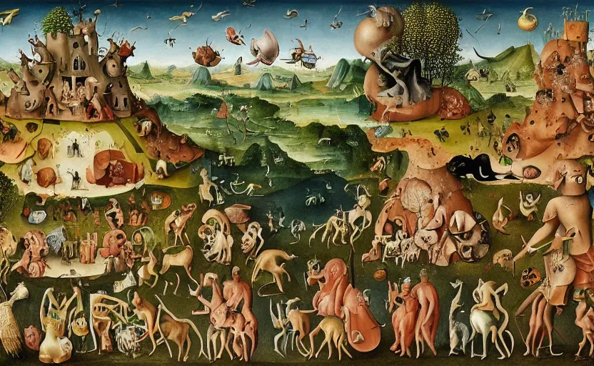 Prompt: Extremely detailed, intricate painting in style of Hieronim Bosch showing a symbiosis of Humans and nature.