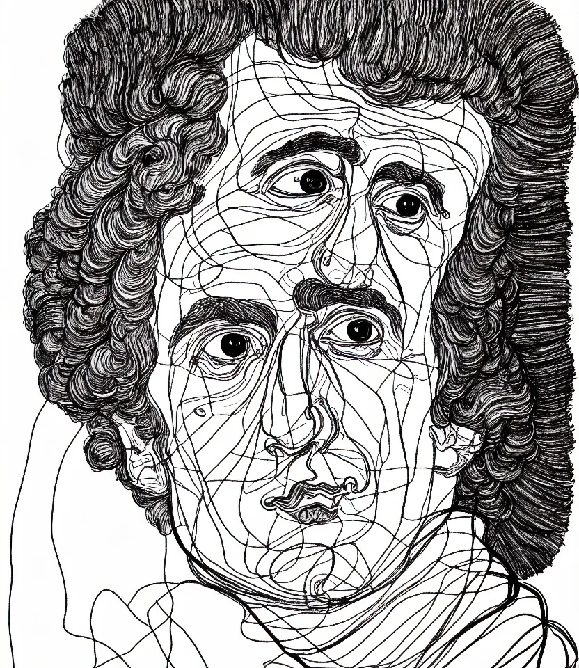 Image similar to detailed line art portrait of goethe, inspired by egon schiele. caricatural, minimalist, bold contour lines, musicality, soft twirls curls and curves, confident personality, raw emotion