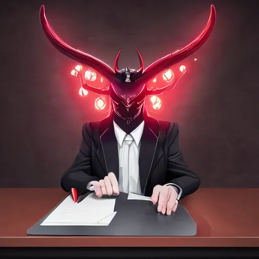 Image similar to dark lord sitting at desk large horns and suit, medium shot, portrait, semi realistic anime, red demon cyberpunk symbols