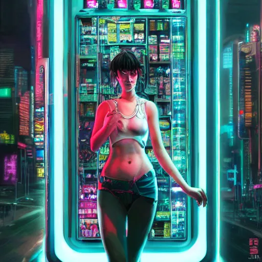 Image similar to extremely detailed realistic render of a cyberpunk girl i spired by ghost in the shell in front of a neon vending machine by James Jean and craig mullins, ArtStation, CGSociety