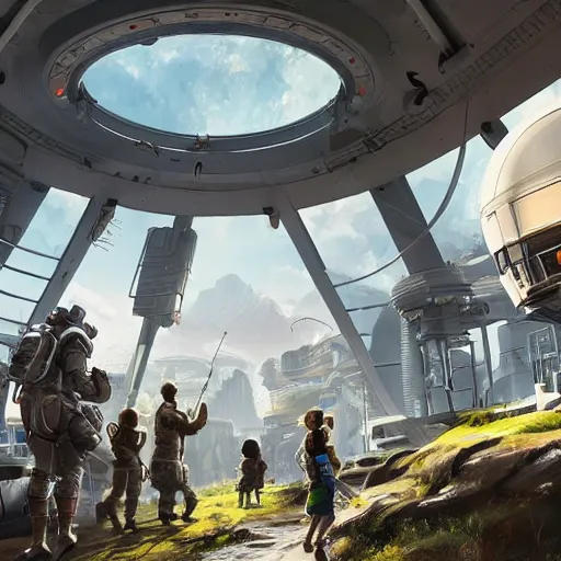 Image similar to clean white sci-fi dome in a pleasant urban setting surrounded by families, peaceful, majestic, in style of apex legends, art station, ultra hd, soft light, overhead sun, ultra hd, art station