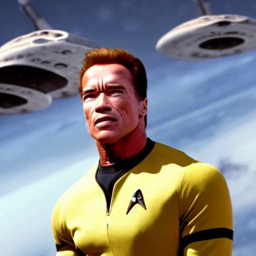 Image similar to Arnold Schwarzenegger is the captain of the starship Enterprise in the new Star Trek movie