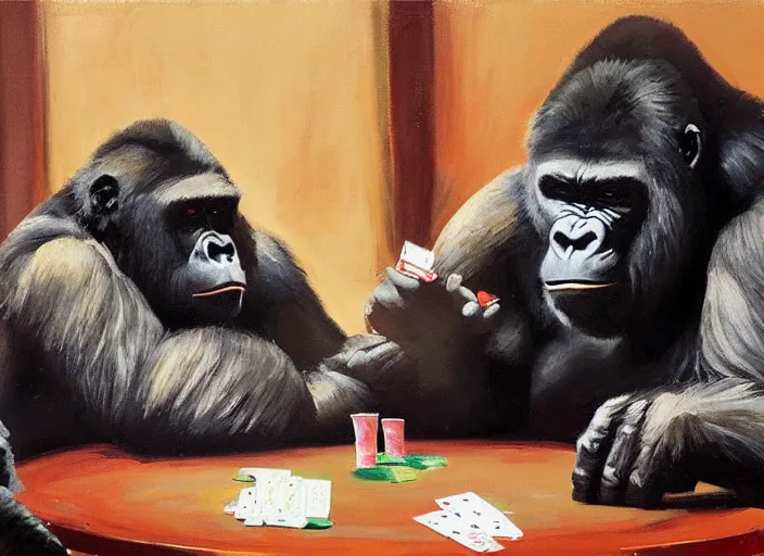 Prompt: a highly detailed beautiful portrait of a gorilla playing poker with a bear, by gregory manchess, james gurney, james jean