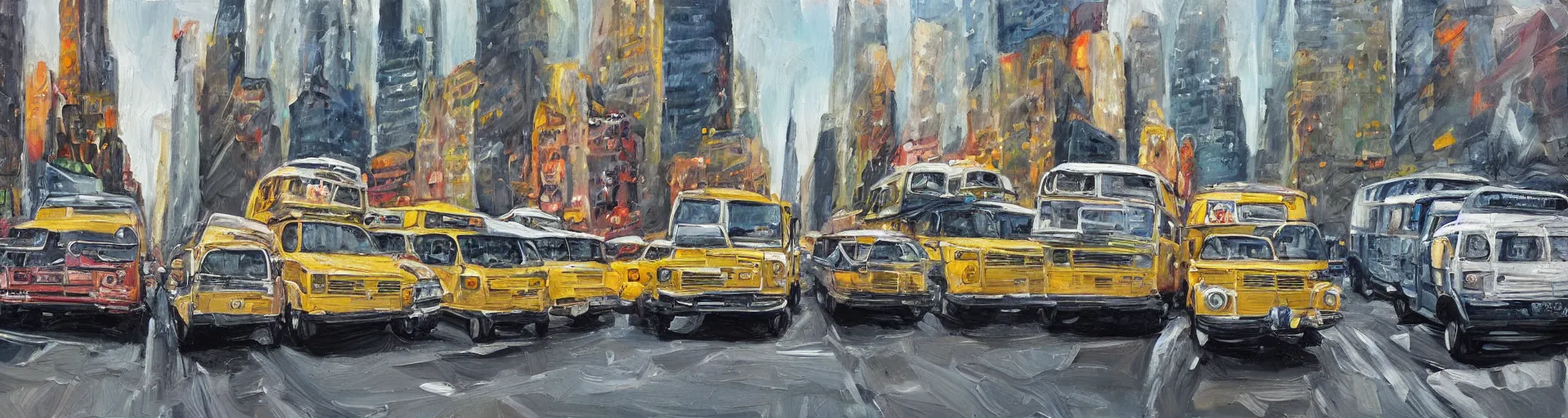 Image similar to a detailed oil painting of vw buses in new york city