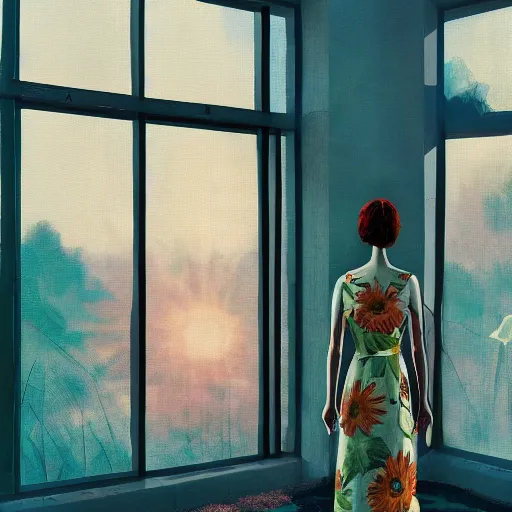 Image similar to giant daisy flower head, woman standing next to modern window in luxury loft, surreal photography, sunlight, impressionist painting, digital painting, artstation, simon stalenhag