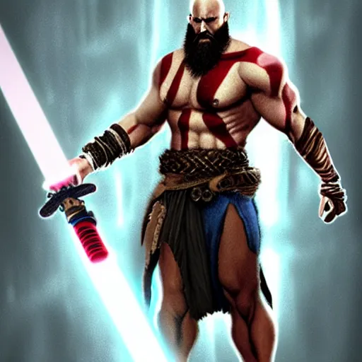 Image similar to kratos from god of war using a lightsaber