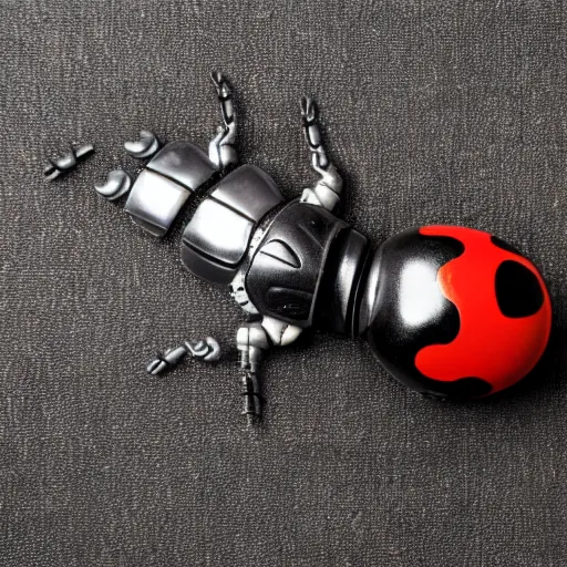 Prompt: ladybug with metal prosthetic limbs