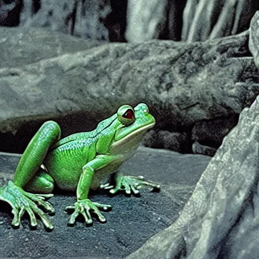 Image similar to movie film still scene, lord of the rings with frog heads