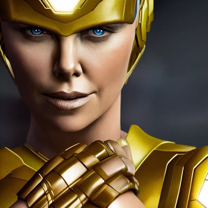 Image similar to portrait of ((((Charlize Theron)))), wearing The Infinity Gauntlet. SNAP. intricate artwork. octane render, trending on artstation, very coherent symmetrical artwork. avengers. thanos. cinematic, hyper realism, high detail, octane render, 8k, iridescent accents