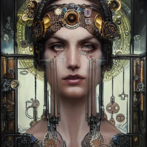 Prompt: A steampunk beautiful goddess, she half human and half android, she is embellished with gears wheels and gemstones, by William Holman Hunt, Greg Rutkowski, Stanely Artgerm, Tooth Wu, Peter Gric, Aaron Horkey, trending on Artstation, digital art, mythological, symmetrical artwork, cinematic lighting, hyper realism, high detail, octane render, ultra realistic, golden ratio, 4k, 8k