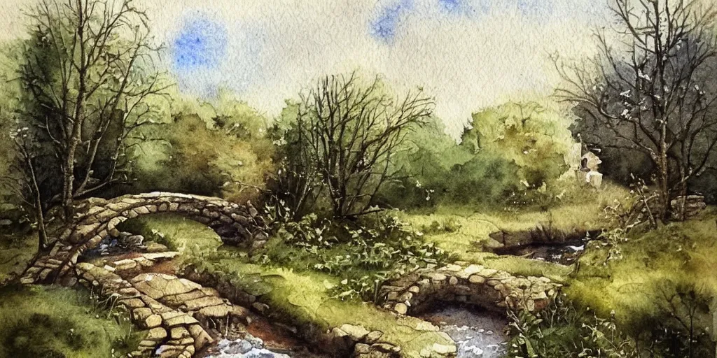 Prompt: medieval path in the countryside, crossing a small river with a small bridge, exquisite masterpiece watercolor painting, trending on artstation