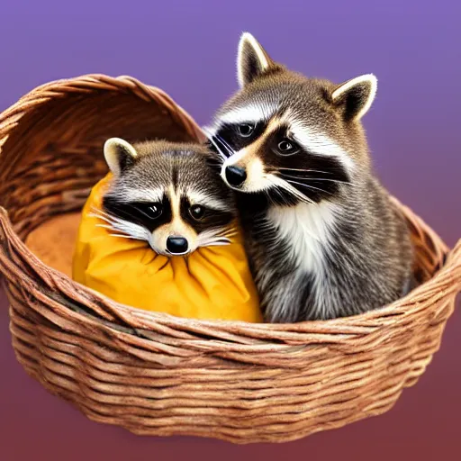 Prompt: a beautiful and cute picture of a cat and a raccoon cuddling in a basket with a red sunset behind, afternoon soft light, ultra realistic 8K - n 9