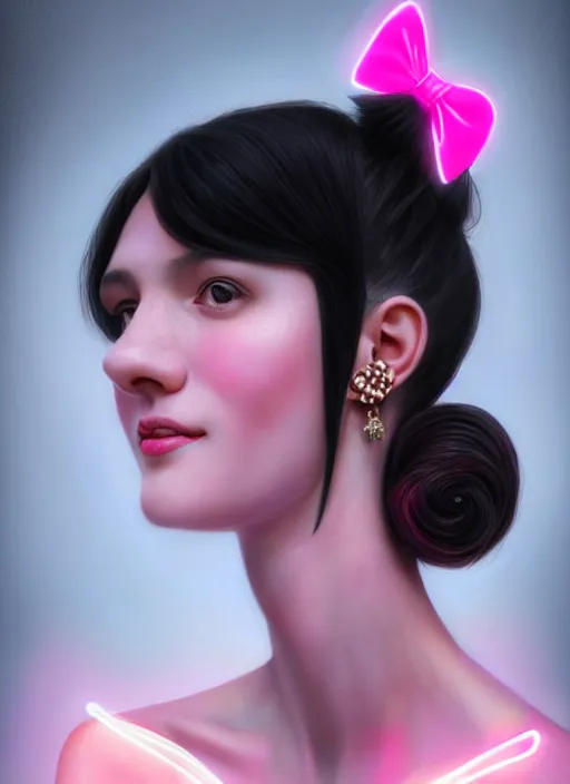 Image similar to portrait of high school girl, realistic, black hair, bangs, half updo hairstyle, pointy nose, skinny, smile, ugly, defined jawline, big chin, pink hair bow, earrings, intricate, elegant, glowing lights, highly detailed, digital painting, artstation, sharp focus, illustration, art by wlop, mars ravelo and greg rutkowski