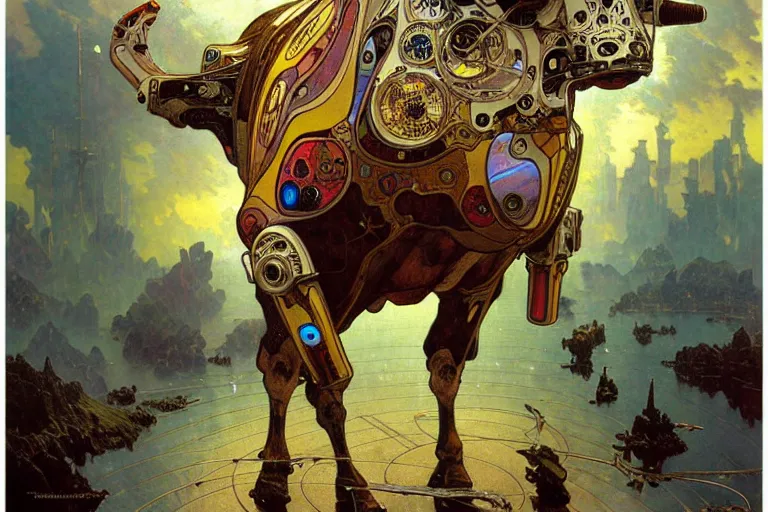 Image similar to cyborg cow, intricate, futuristic, fantasy, elegant, thomas kindkade, moebius, alphonse mucha, loish, norman rockwell,