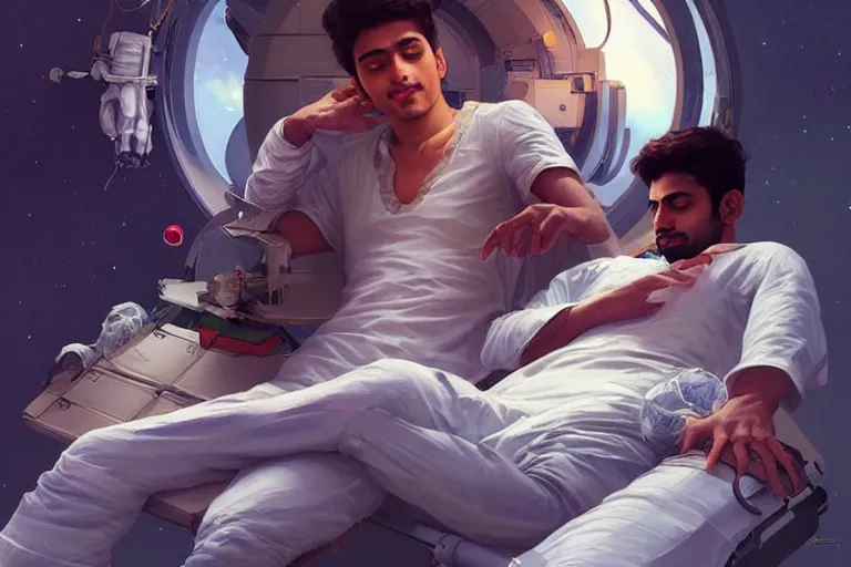 Image similar to Sensual good looking pale young Indian doctors wearing jeans asleep in a space station above Earth performing surgery, portrait, elegant, intricate, digital painting, artstation, concept art, smooth, sharp focus, illustration, art by artgerm and greg rutkowski and alphonse mucha