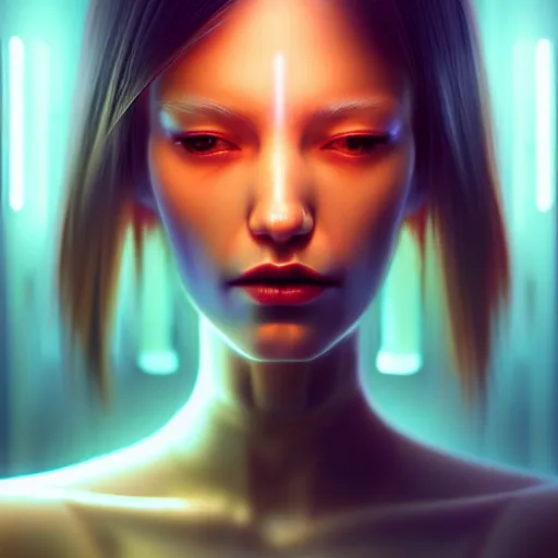 Image similar to a extremely detailed digital painting of a highly complex humanoid android woman with integrated cybernetic modifications, art by ilya kuvshinov, trending on cgsociety, computer art, ilya kuvshinov, artstation hd, artstation hq, photo realistic, hyperrealism, soft light, cinematography photo, ray tracing, unreal engine 5