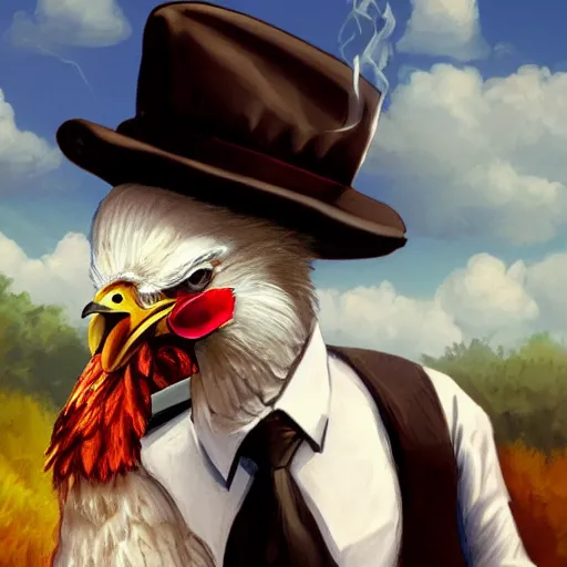 Image similar to a chicken wearing a suit smoking a cigar, dramatic lighting, cinematic, establishing shot, extremly high detail, photorealistic, cinematic lighting, artstation, style by James Gurney