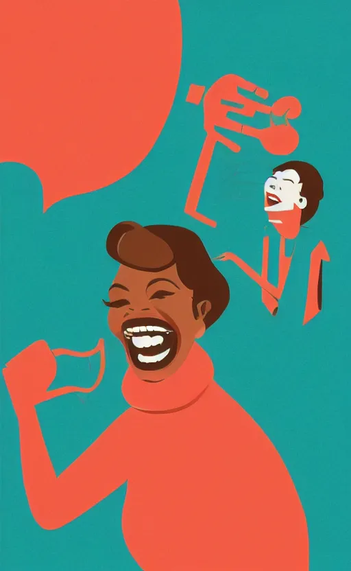 Image similar to illustration with a woman laughing out loud, standup, comedy, joke, painting by tom whalen, funny meme photo, trending on behance, digital illustration, storybook illustration, grainy texture, flat shading, vector art, airbrush, pastel, watercolor, poster