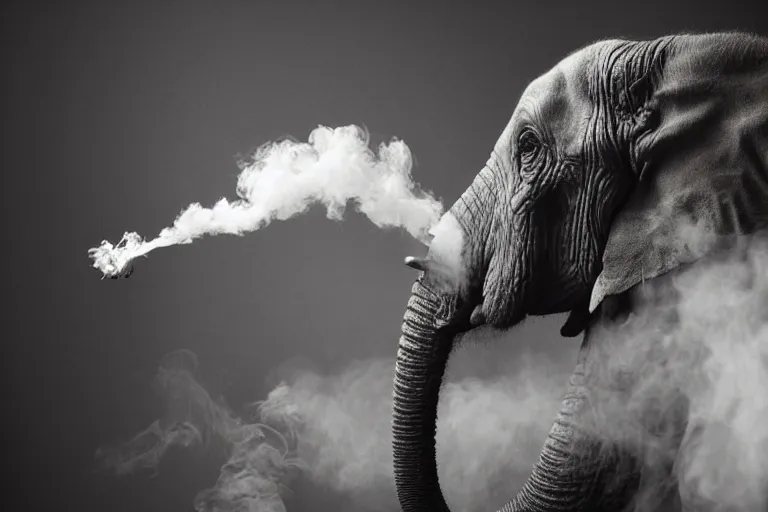 Prompt: ultra realistic photography, picture of ( subject : an elephant blowing smoke ). the scene is set in a gentlemens cigar lounge, a very smokey atmosphere, small thick clouds of cigar smoke, artstation, focus on the elephant, extremely detailed and crisply sharp photo, hyperrealistic smoke, figma, sigma, 4 k