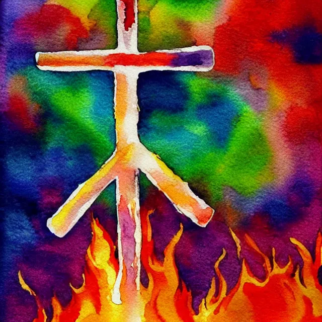 Prompt: cross in flames, fire burning in rainbow colors, watercolor