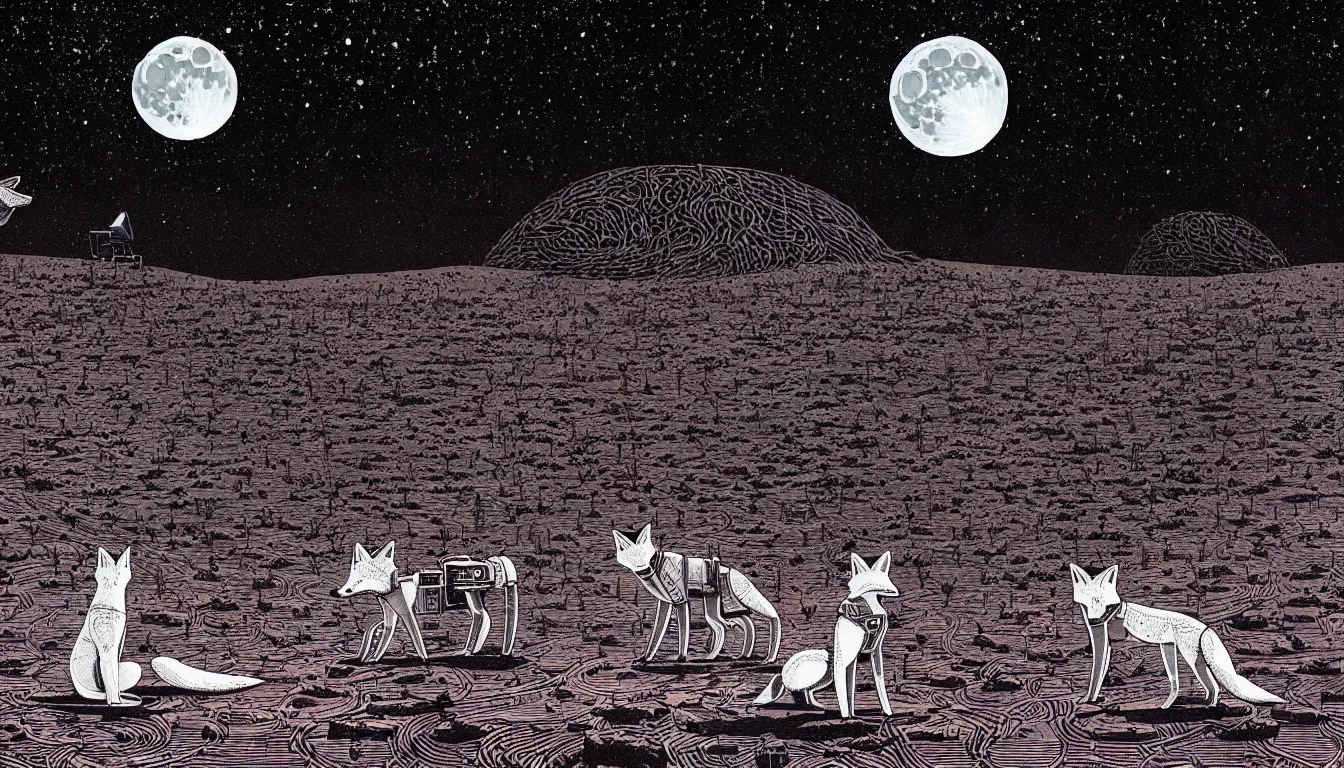 Prompt: a fox and a robot rover standing in desert looking at the moon and night sky by woodblock print, nicolas delort, moebius, victo ngai, josan gonzalez, kilian eng