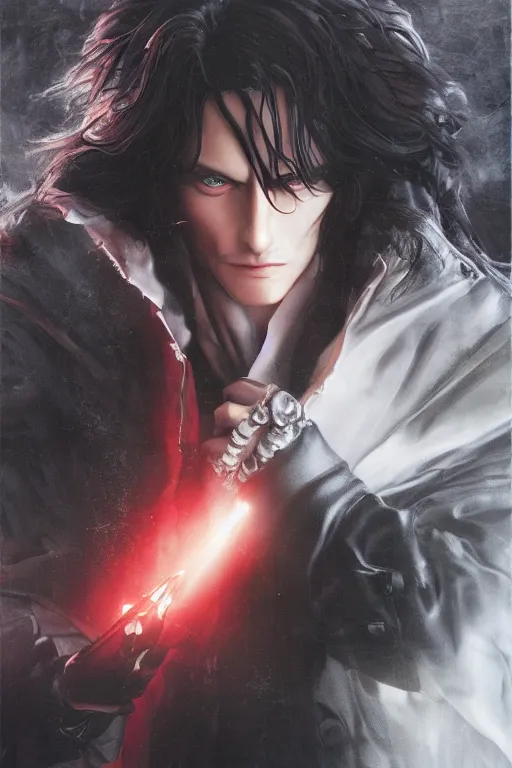 Prompt: a regal studio portrait of alucard set against a black background by ayami kojima, detailed, photorealistic, volumetric lighting, studio lighting, cgi