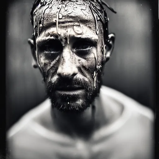 Image similar to A wet-collodion portrait of a man who comes back from a horrific war, he stares into the distance as his eyes show glimmers of hope, depth of field, 50mm lens, studio lighting, high contrast