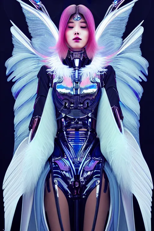 Image similar to portrait futuristic angel Girl with halo and wings and feathers and silver mirror armor, in future cyberpunk tokyo rooftop , ssci-fi, fantasy, intricate, very very beautiful, elegant, human anatomy, human structure, neon light, highly detailed, digital painting, artstation, concept art, smooth, sharp focus, illustration, art by tian zi and WLOP and alphonse mucha