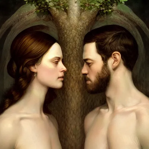 Prompt: breathtaking soft painting of adam and eve at, forbidden tree, symmetrical faces, detailed faces, art concept, artstation, realistic symmetrical face features, rembrandt style, elegant, highly detailed, artstation, concept art, matte, sharp focus, art by tom bagshaw, and greg rutkowski