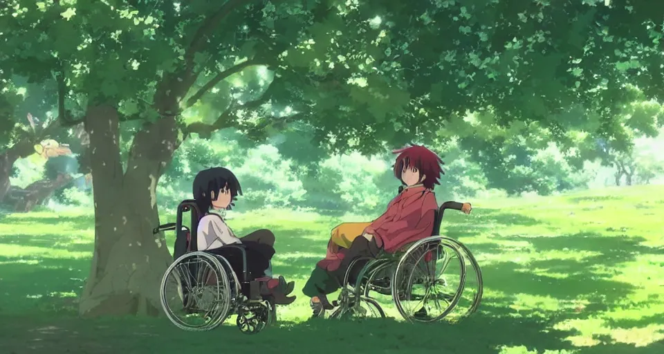 Image similar to a green long - haired boy in a wheelchair under a tree, day, sunshine, warm colors, relaxing, calm, cozy, peaceful, by mamoru hosoda, hayao miyazaki, makoto shinkai