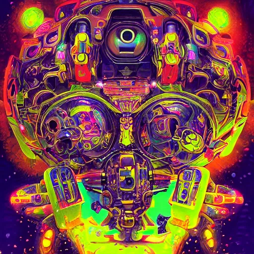 Image similar to An extremely psychedelic experience, colorful, surreal, mecha, robot portrait,LSD, face, jet turbine, tarot, detailed, intricate, elegant, highly detailed, super detailed, insane detailed, digital painting, concept art, smooth, sharp focus, unreal engine, illustration, art by josan gonzales, Krenz Cushar, Marco Plouffe, dan mumford, Artem Demura and alphonse mucha