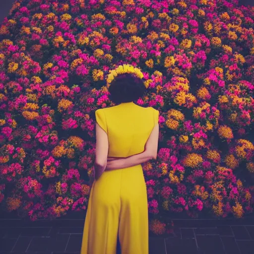 Prompt: giant flower head, full body, girl standing in mid century hotel, surreal, symmetry, bright colors, blue sky, cinematic, wes anderson