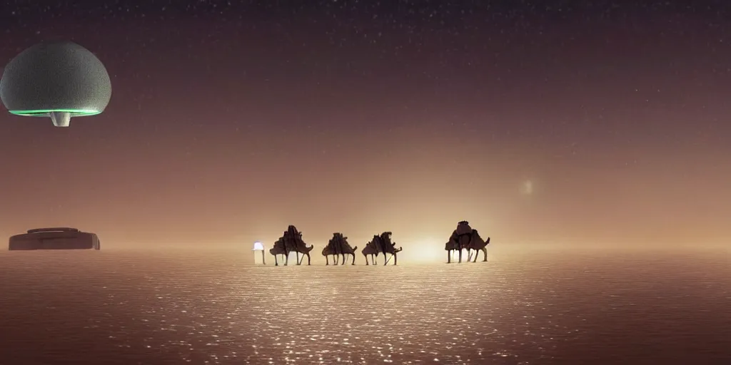 Image similar to a cell - shaded studio ghibli concept art of a silver hovering ufo shining a spotlight on a camel caravan in a flooded stonehenge desert road gas station on a misty starry night. very dull colors, hd, 4 k, hq