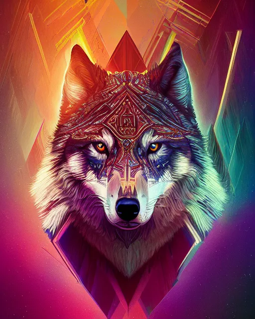 Prompt: highly detailed surreal vfx portrait of a metallic chromatic geometric tribal wolf, behance, stephen bliss, unreal engine, greg rutkowski, loish, rhads, beeple, makoto shinkai and lois van baarle, ilya kuvshinov, rossdraws, tom bagshaw, alphonse mucha, global illumination, detailed and intricate environment