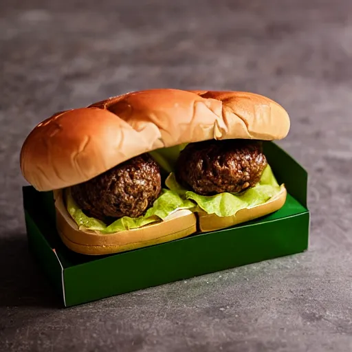 Prompt: A hamburger in the shape of a shoe box, professional food photography