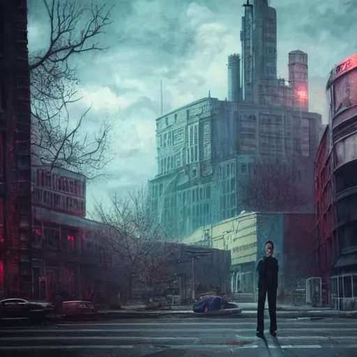 Image similar to fallout 5, charismatic david bowie, portrait, outdoors ruined cityscape, atmospheric lighting, painted, intricate, volumetric lighting, beautiful, daytime, sunny weather, slight overcast, sharp focus, deep colours, ultra detailed, by leesha hannigan, ross tran, thierry doizon, kai carpenter, ignacio fernandez rios