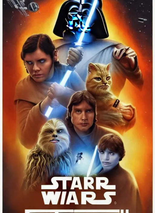 Image similar to star wars movie poster but with cats