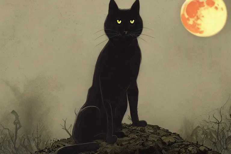 Image similar to an ultra detailed animation of a black cat in a graveyard at midnight on halloween tattoo, digital art, dark fantasy, concept art, soulslike, by alphonse mucha, blood moon eclipse, ruined building in the background, artstation, 8 k, unreal engine render